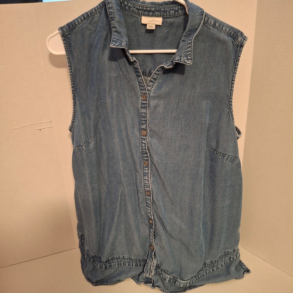 J Jill‎ Denim Vest Women's 1X Sleeveless Button Front Tencel Linen Chambray Blue